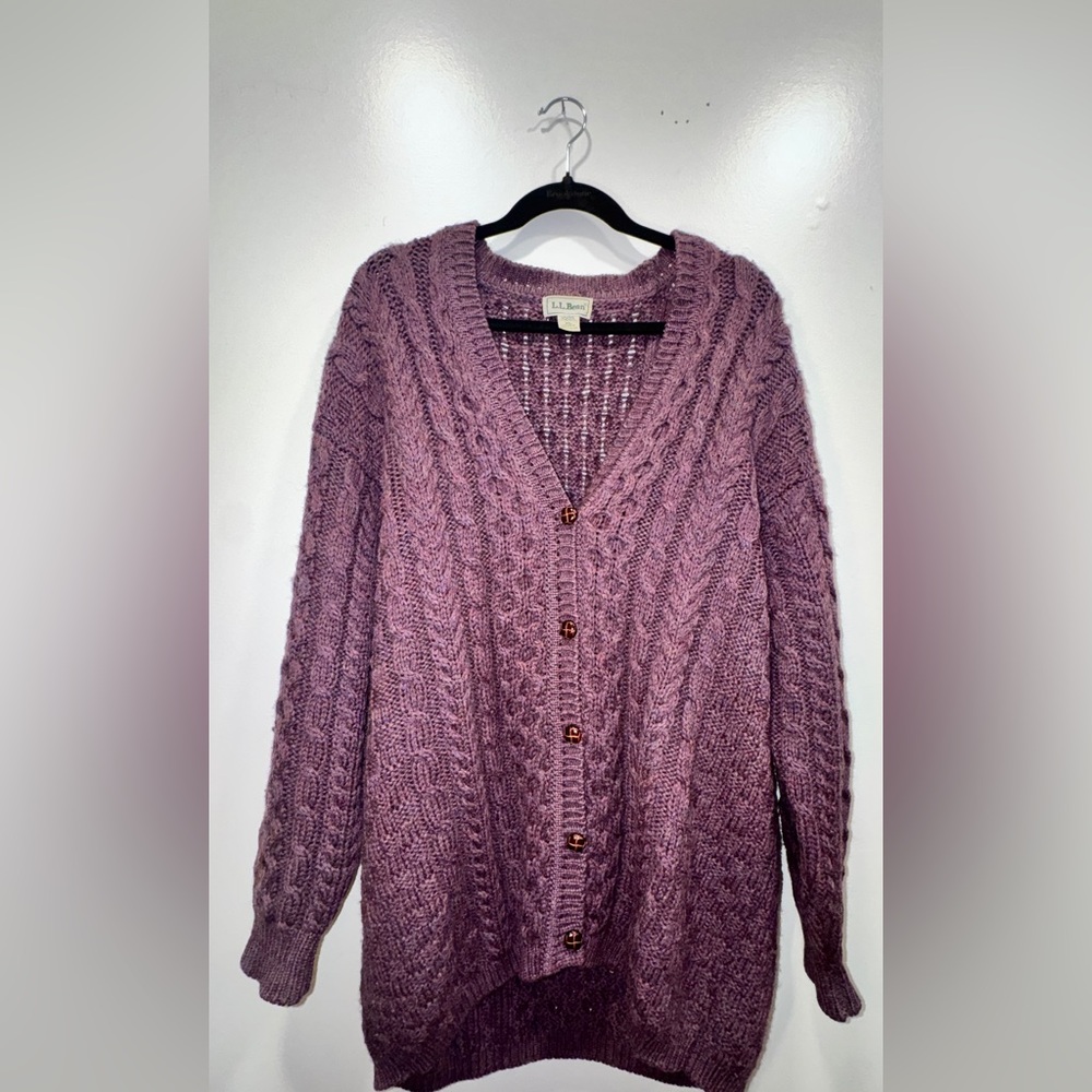 L.L. Bean Made in Ireland Wool Cable Knit Cardigan Lagenlook Boho Preppy XL